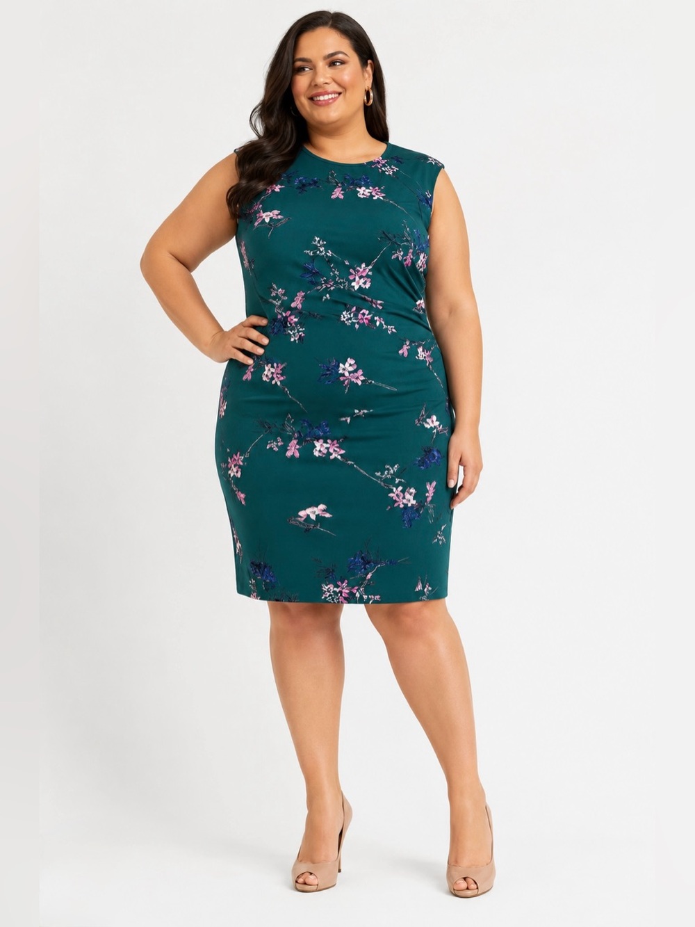 Eliza J Printed Sheath Dress Floral Knee Length Sheath Green Cap Sleeves